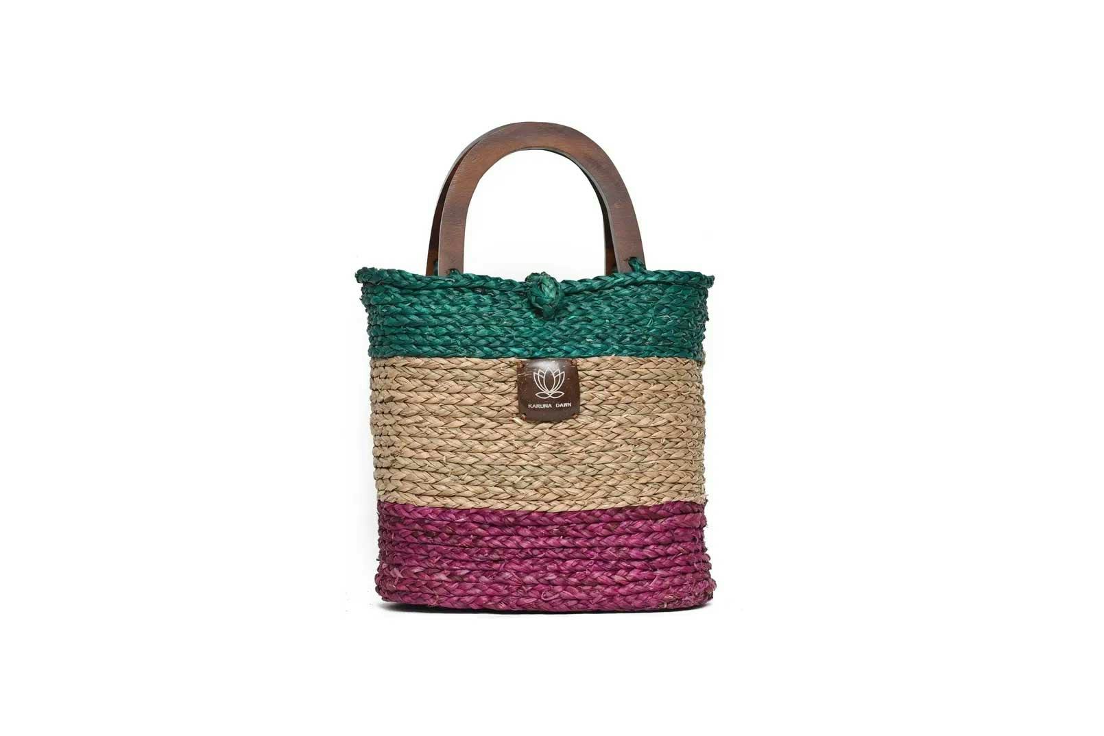Wooden Handle Bag - Sea Green Turquoise, Natural & Pink