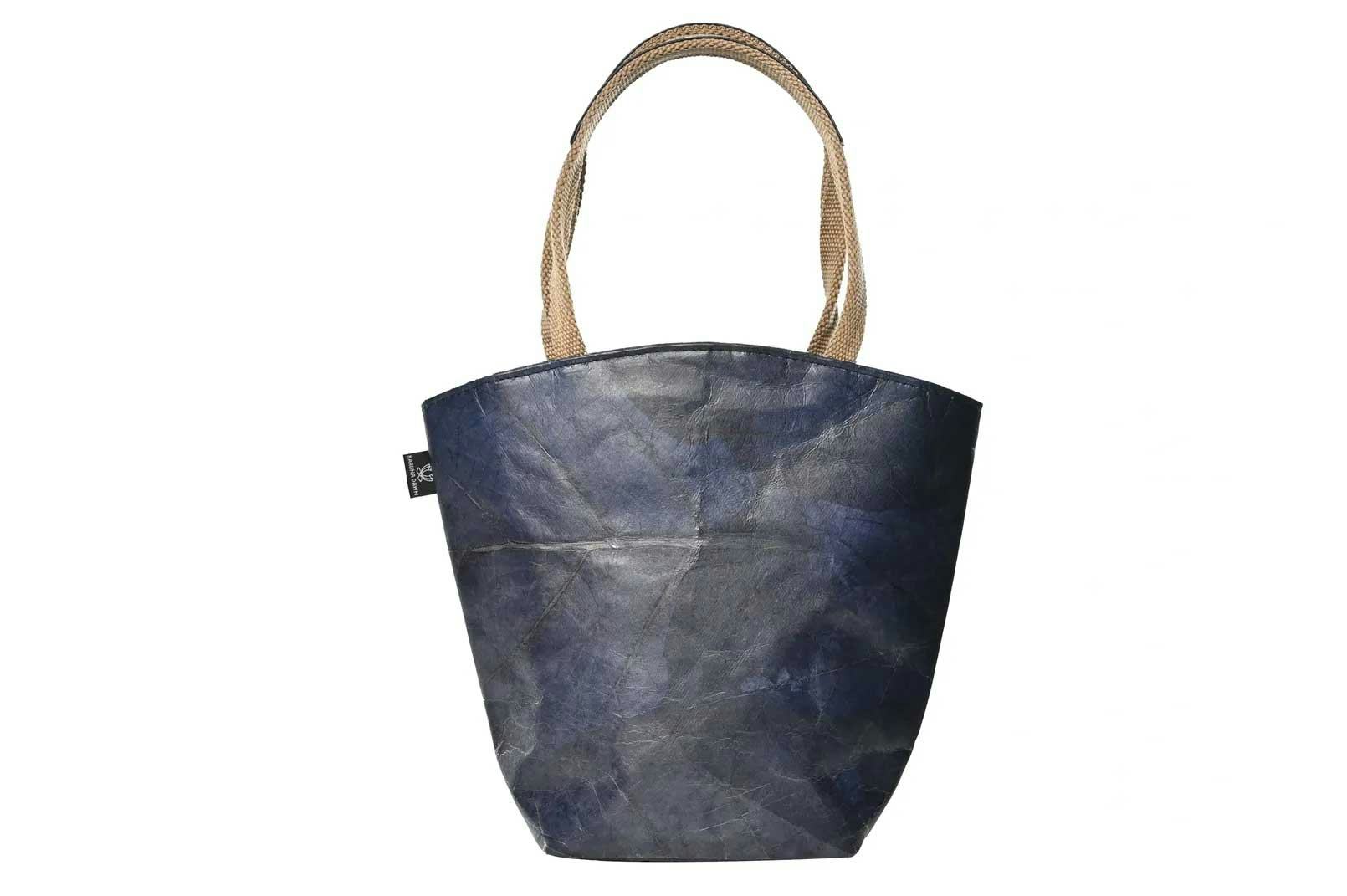 Navy Blue Leaf Leather Tote Bag